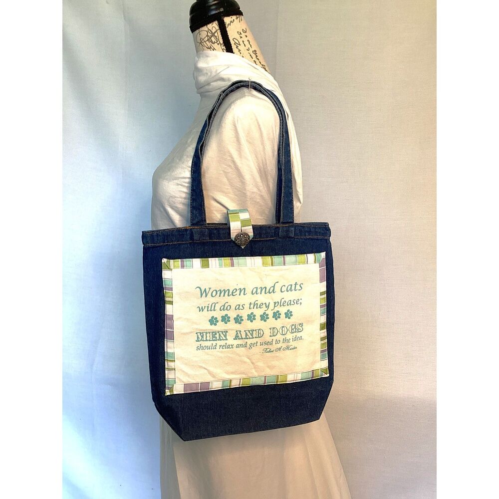 Funny Cat Blue Denim Pet Lover Open Top Unlined Tote Bag NEW